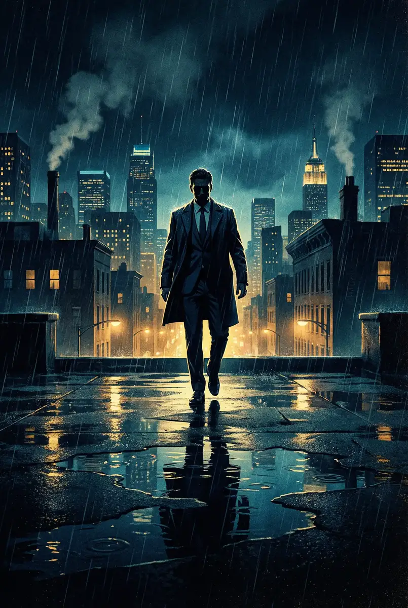 小姐电影无删减版完整版 出品影片《雨夜独行者》海报，雨中城市屋顶男性剪影